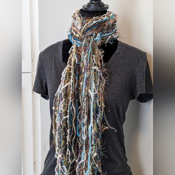 Handmade Fringe Scarf - Teal Aqua Blue Green Gray White Brown Gold Flowy Chic - Picture 10 of 13